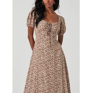 New ASTR THE LABEL Women's Brown Floral Lace Up Puff Sleeve Midi Dress Size L